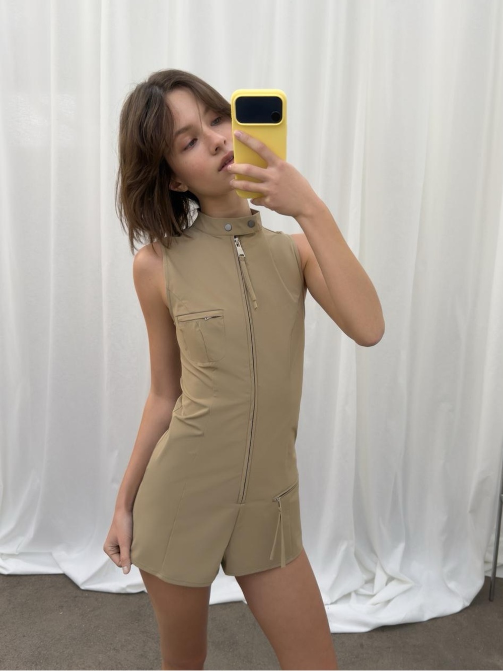 Zara Short Zipper Utility Jumpsuit Romper Dark Khaki NWT Size M 5063/348/507